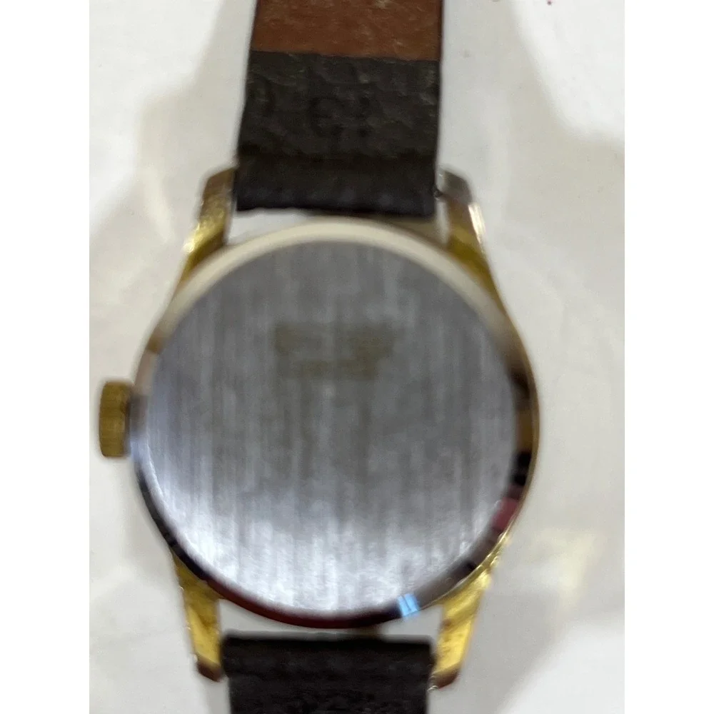 Vintage Manson Swiss Made Ladies Watch Gold Tone Round Bezel Brown Leather Strap